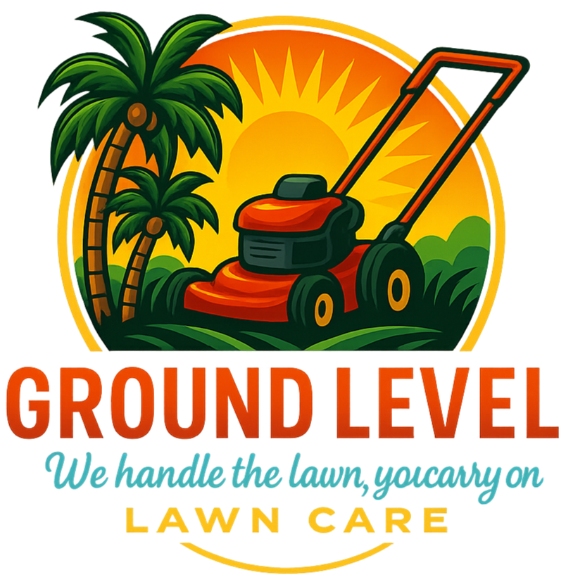 Ground Level Lawn Care Logo - Professional Landscaping and Mowing Services Ground Level Lawn Care logo with lawn mower and palm trees, offering professional landscaping and mowing services in St Petersburg.